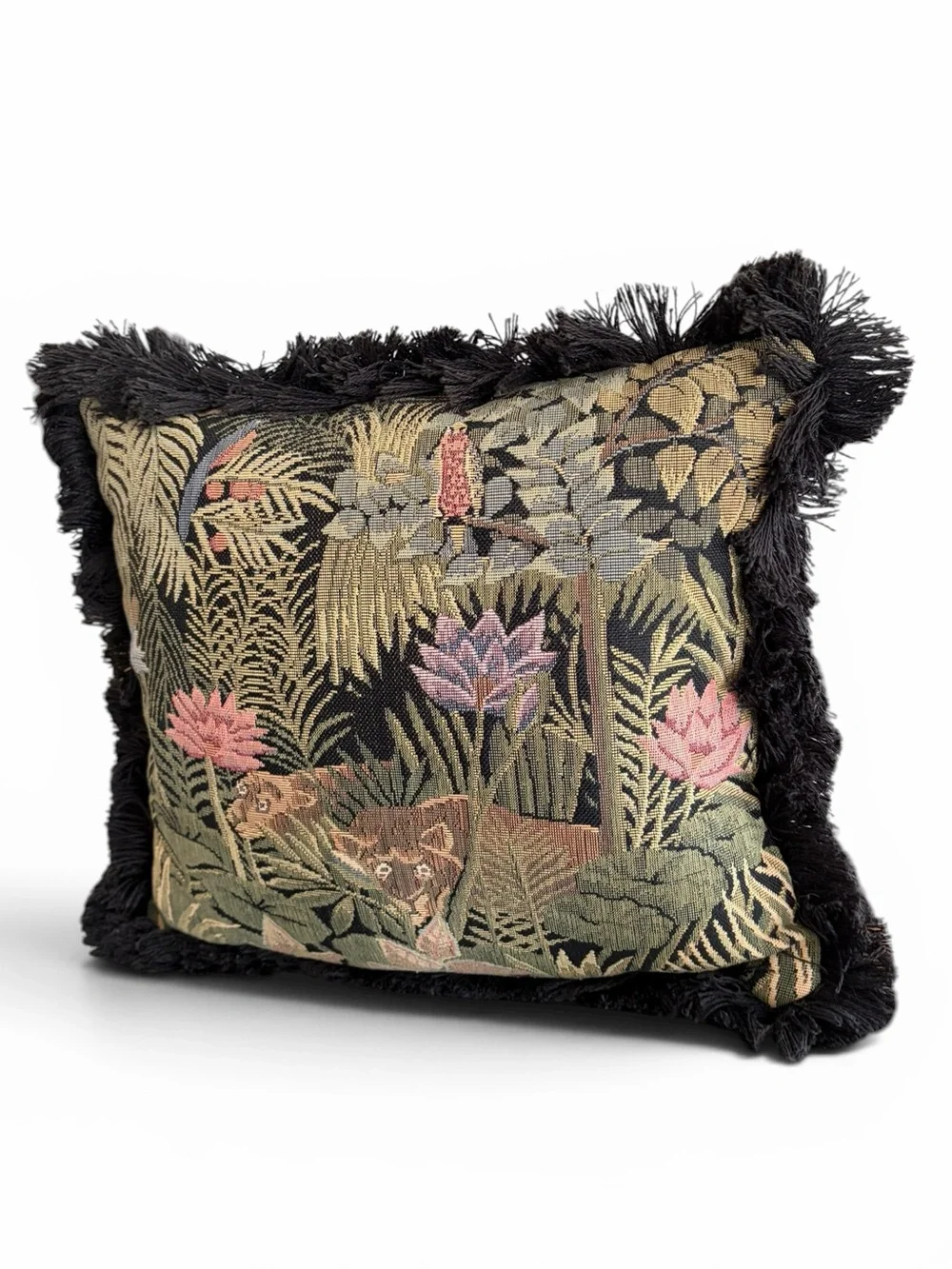 Vintage Black Floral and Animal Tapestry Accent Pillow